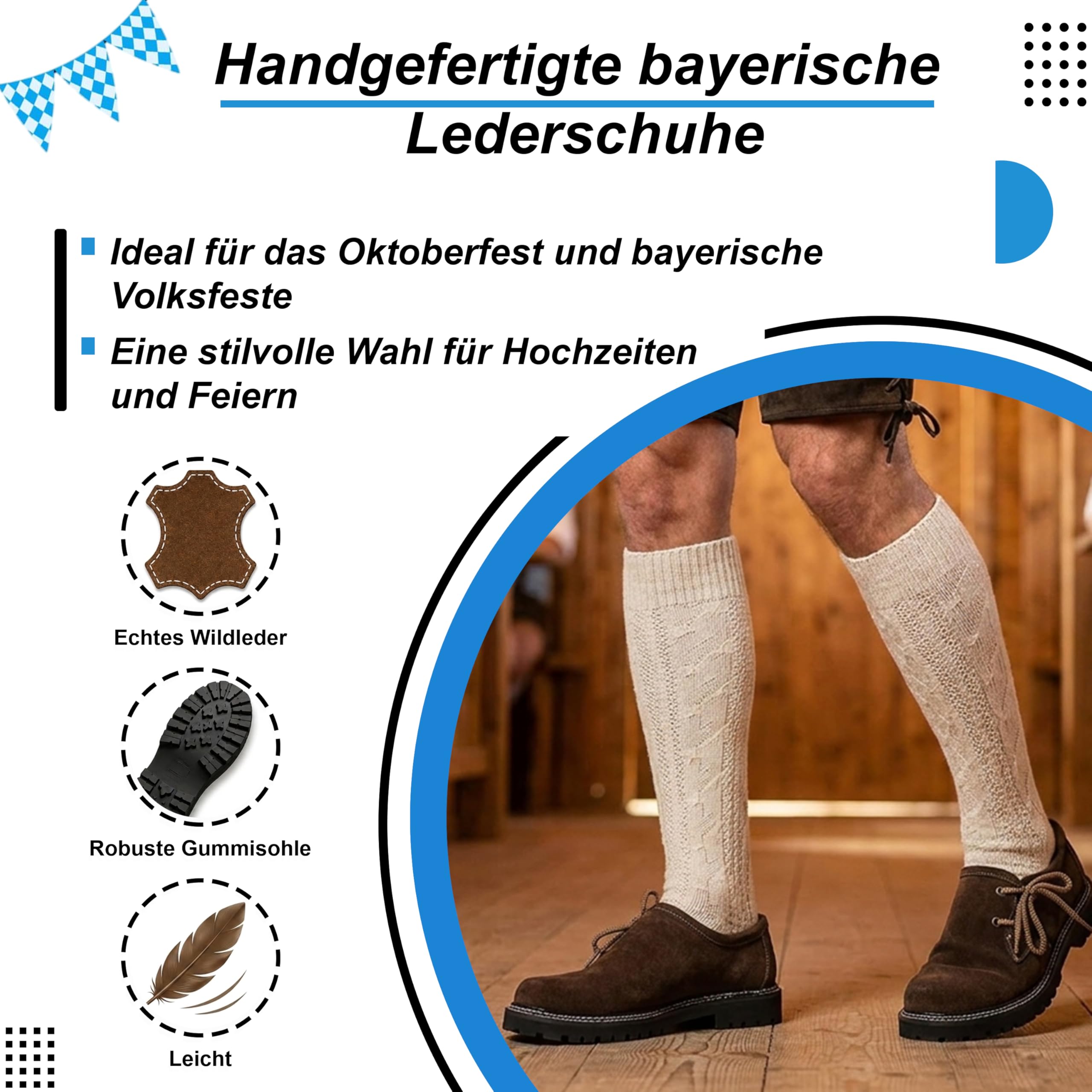 German Wear 5-teiliges Herren Trachtenset Komplett – Premium Lederhose aus Nappaleder Wildleder mit Hosenträgern Haferlschuhe Trachtenhemd Blau Trachtensocken