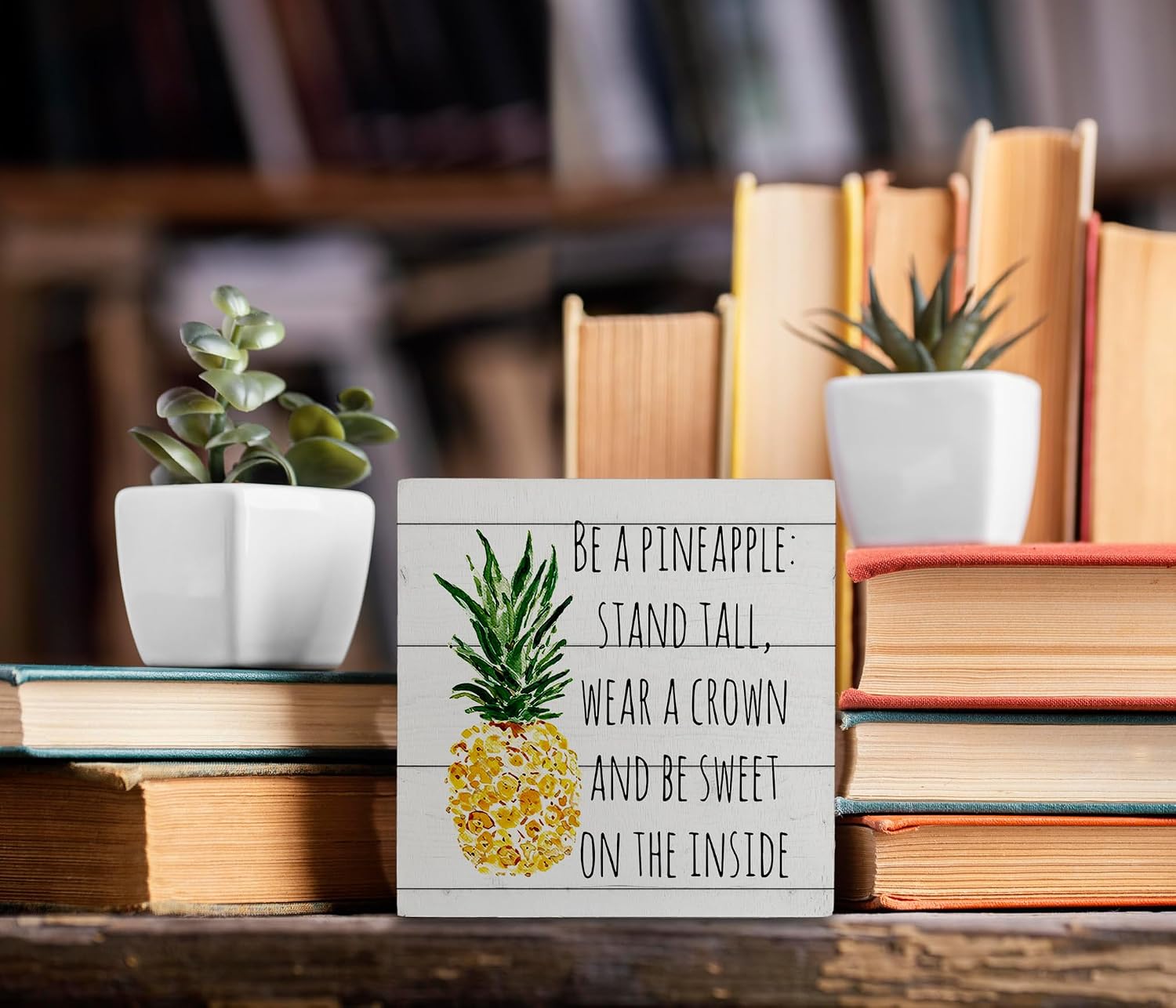 kunlisa Be a Pineapple stand Tall Wear a Crown Wooden Box Sign Desk Decor,Rustic Summer Pineapple Wood Block Plaque Box Sign for Home Girls Room College Dorm Wall Shelf Tabletop Decoration