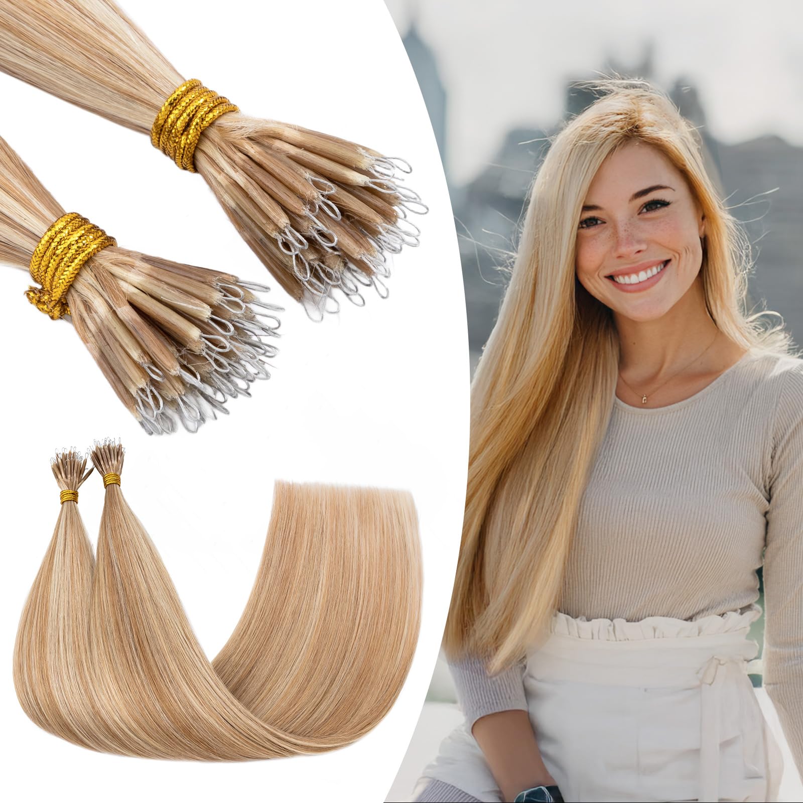 S-noilite Nano Hair Extensions Real Human Hair Golden Brown/Bleach Blonde