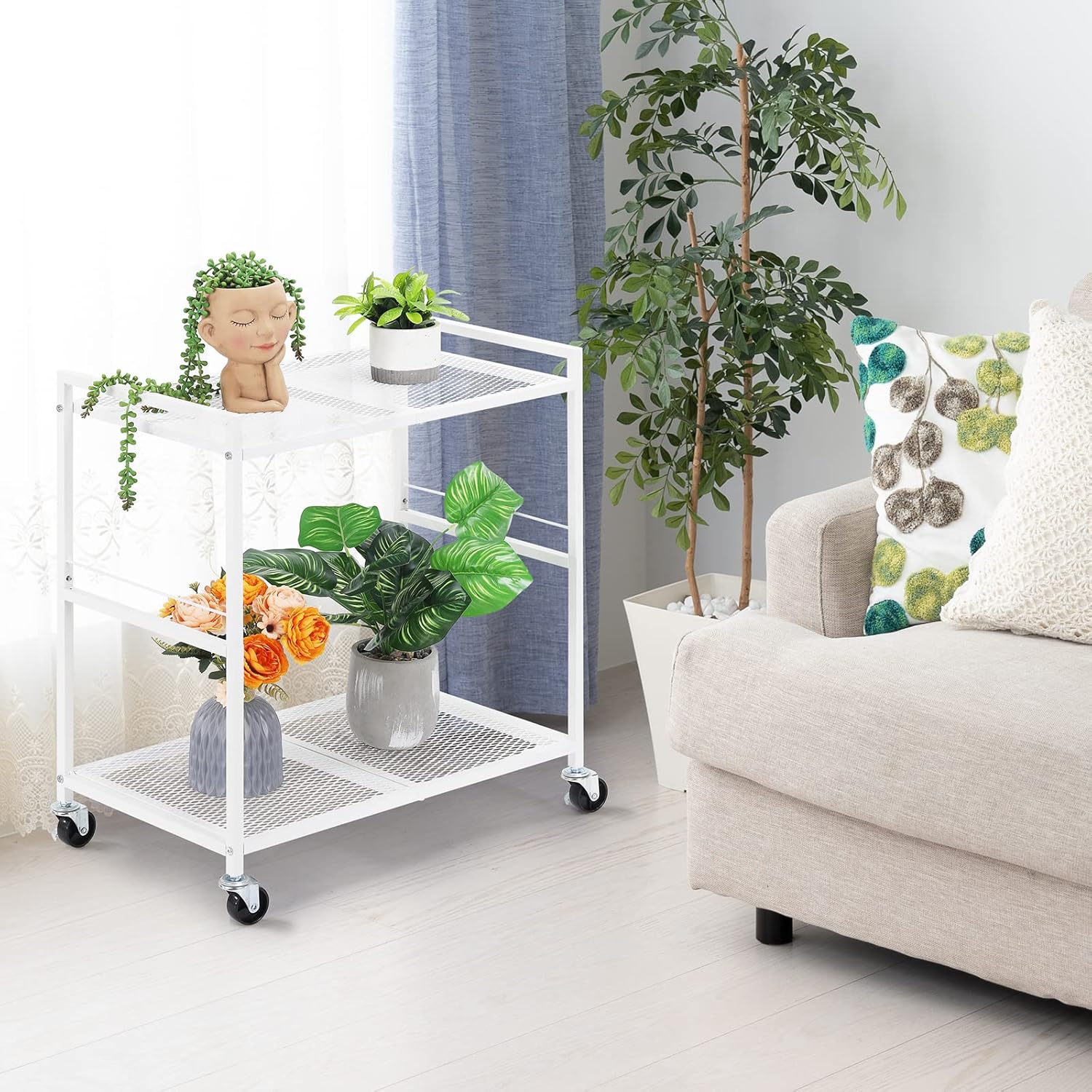 YBING Computer Tower Stand White PC Tower Stand 2 Tier CPU Holder with Wheels Metal Mobile Computer Tower Cart Rolling PC Cart Floor for Fax Home Office
