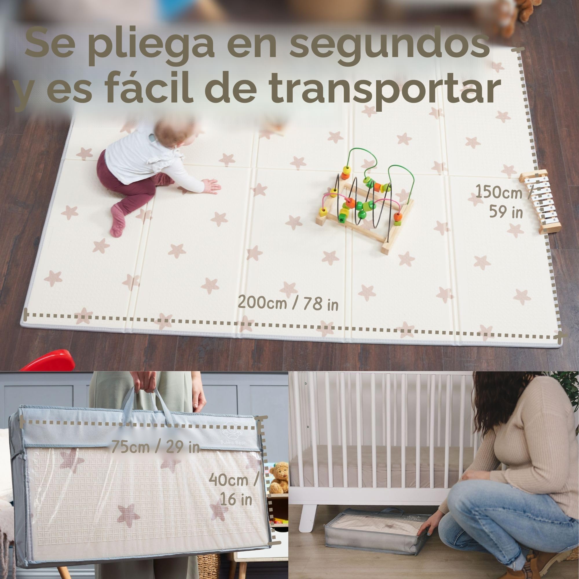 Bubba Bear - Alfombra de desarrollo, de juego, de suelo, para bebé, XXL, espuma gruesa, plegable, reversible, para motricidad y desarrollo sensorial, regalo (200 x 150 cm, beis)