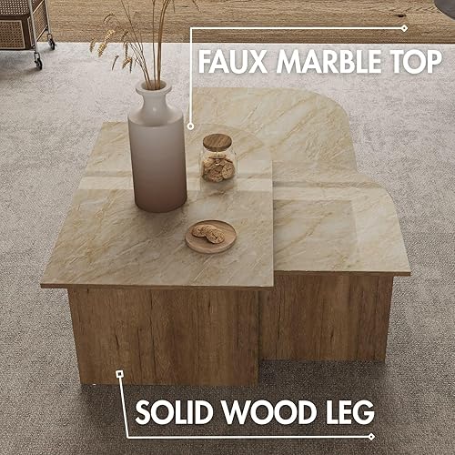 Miniatura 7 de Juego de mesas auxiliares modernas de 3 piezas, parte superior de mármol sintético y patas de madera de nogal, mesa de té rectangular de mediados de