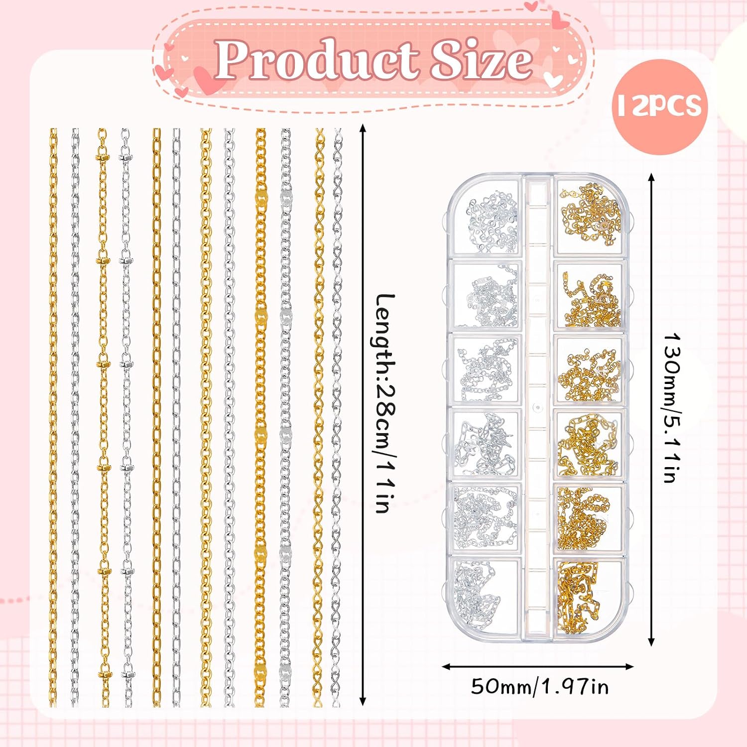 12 Strips Metal Nail Art Chains Gold & Silver Nails Decorations with Box Stainless Steel Nails Accessories Nail Jewelry Chains for Manicure Decoration & DIY（11 Inch）
