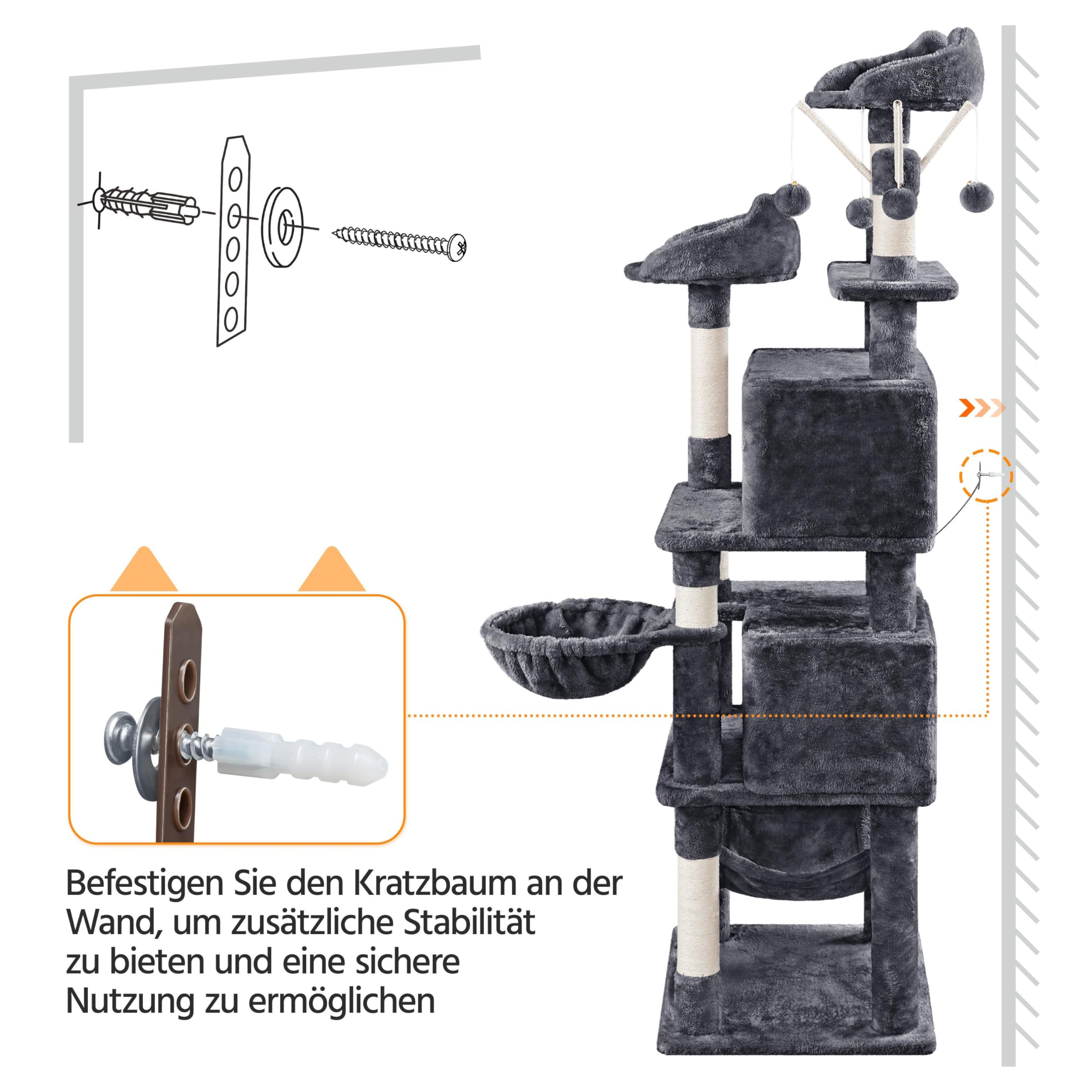 Yaheetech 170cm Kratzbaum Katzenbaum mit 3 Katzenangeln mit Ball dunkelgrau | FSC-zertifizierte Spanplatten | Mehrstöckiger Kratzbaum für Katzen | mit Kippsicherung | mit großer Katzenhöhle & Hängematte