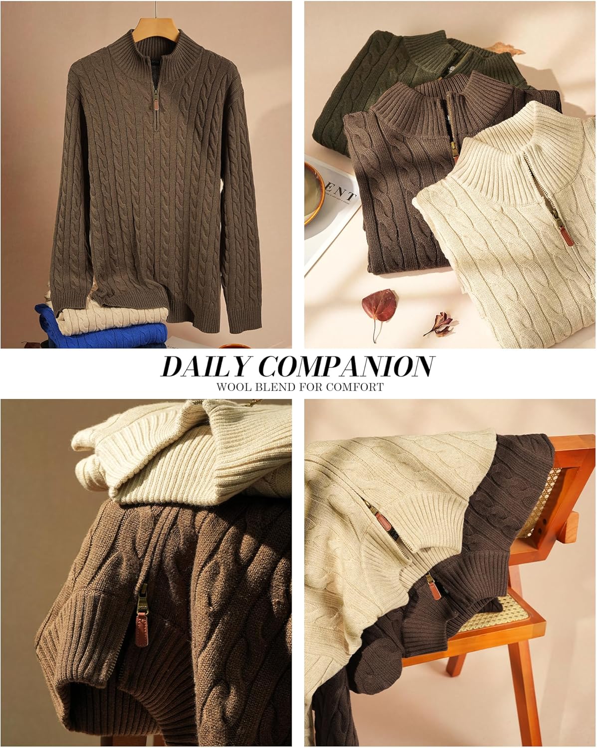 Kallspin Mens Quarter Zip Sweater Wool Blend Cable Knit Pullover Long Sleeve Casual Business Knitwear Fall Winter Top - Image 5