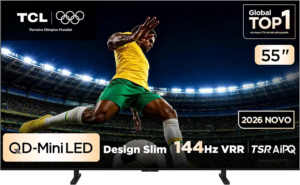 TCL PREMIUM 4K QD-Mini LED TV 55" A400M Google TV, 144 Hz VRR, Tela HVA, Processador AIPQ Pro.