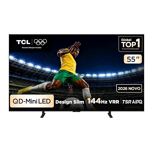 TCL PREMIUM 4K QD-Mini LED TV 55" A400M Google TV, 144 Hz VRR, Tela HVA, Processador AIPQ Pro.