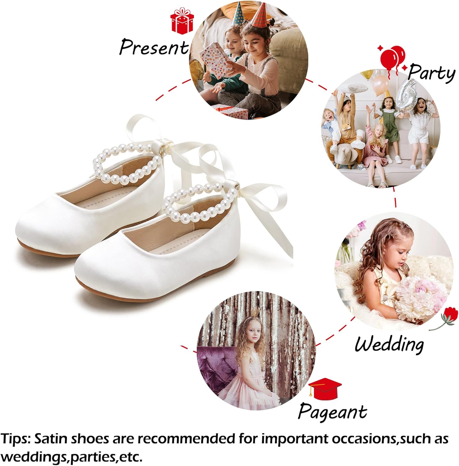 PHIRAMIN Toddler Flower Girl Dress Shoes - Little Girl Ballet Flats Pearl Strap for Wedding Party