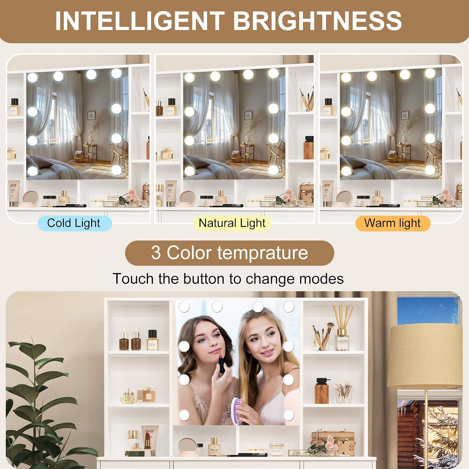 Three panels showing the Koestem Vanity Desk mirror lights in Cold Light, Natural Light, and Warm Light modes
