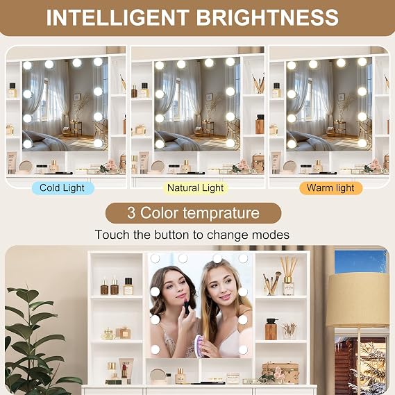Vanity Desk with Mirror Lights, Makeup Desk with 7 Drawers and Cabinet, 3 Lighting Modes, White Vanity Set with Chair Stool for Bedroom