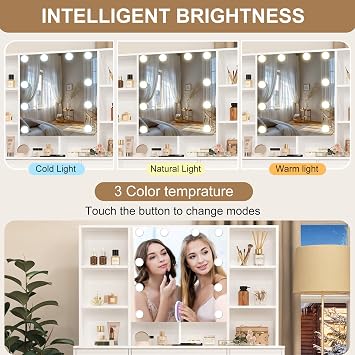 Vanity Desk with Mirror Lights, Makeup Desk with 7 Drawers and Cabinet, 3 Lighting Modes, White Vanity Set with Chair Stool for Bedroom