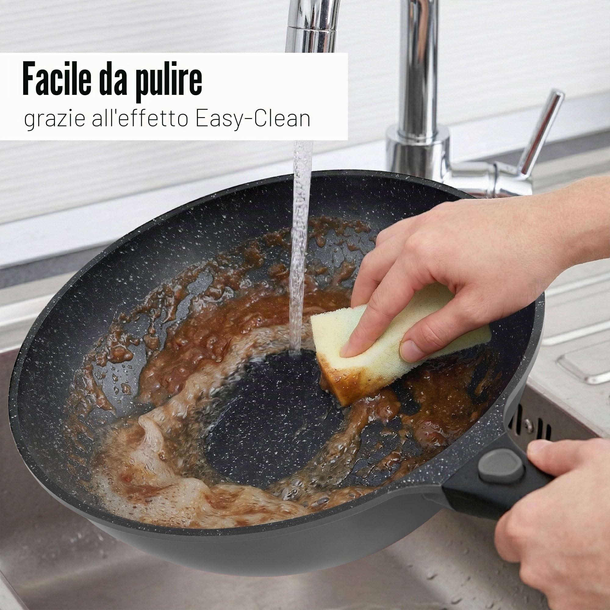 STONELINE SMART Padella Wok 30 cm, 4,8 L Padella Induzione Grande con Coperchio, Manico Removibile, Alluminio Pressofuso, Tutti Piani Cottura, Antiaderente con Vere Particelle di Pietra, Grigio