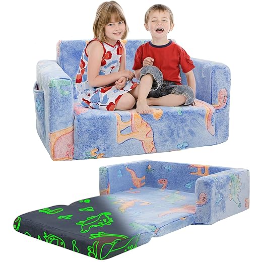 Kids Couch Toddler Chair Folding Extra Wide 2 in 1 Glow in The Dark Fold Out Flip Open Kids Convertible Sofa to Lounger,Soft Comfy Foldable Floor Sofa for Girls Boys Couch Bed