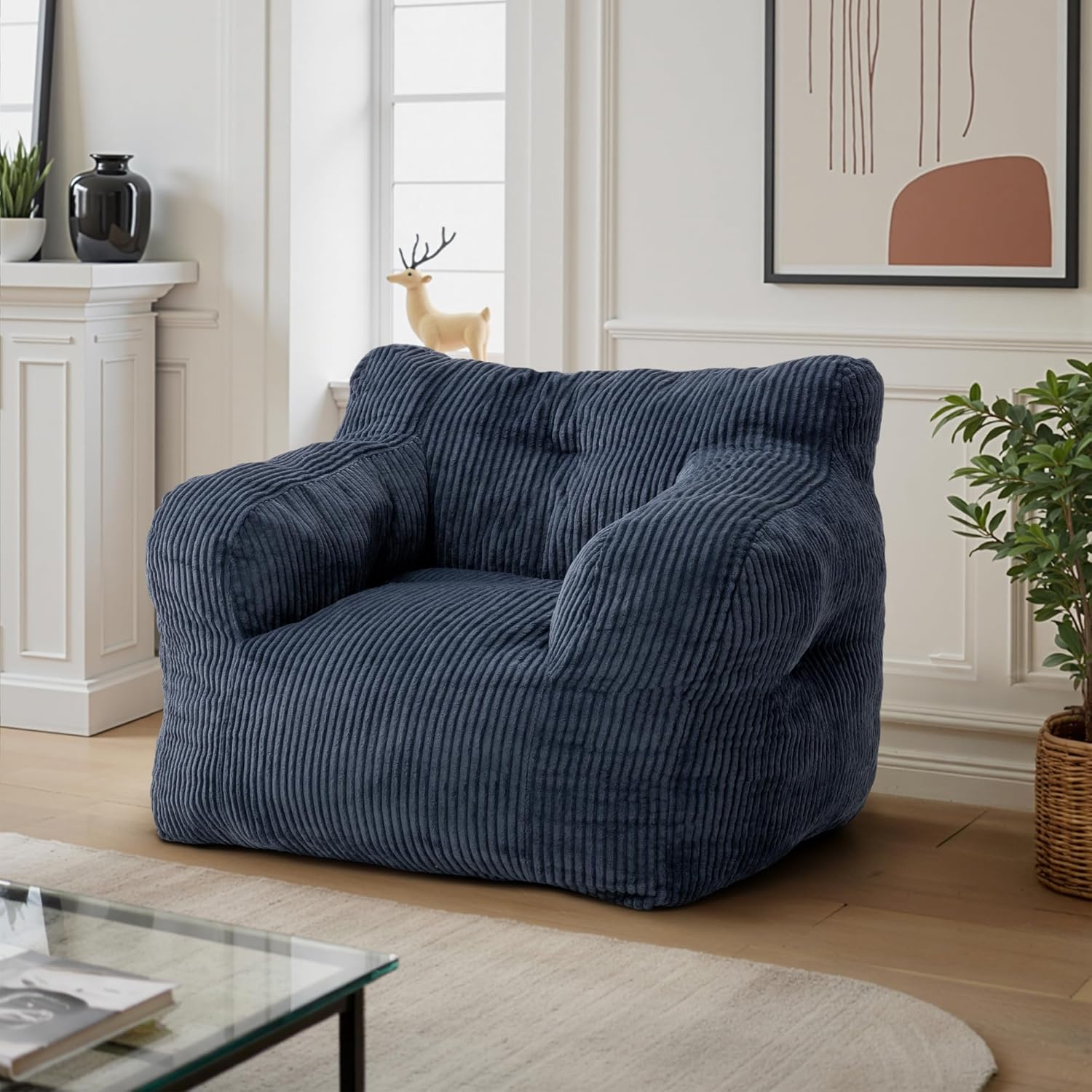 Pamapic 32" Bean Bag Chair,Single Sofa,Ultra Soft Dutch Velvet,Fluffy Comfort Washable Cover,Corduroy Lazy Sofa Coach for Adults,Fit Living Room, Bedroom,Outdoor Spaces,72h Rebound,Blue