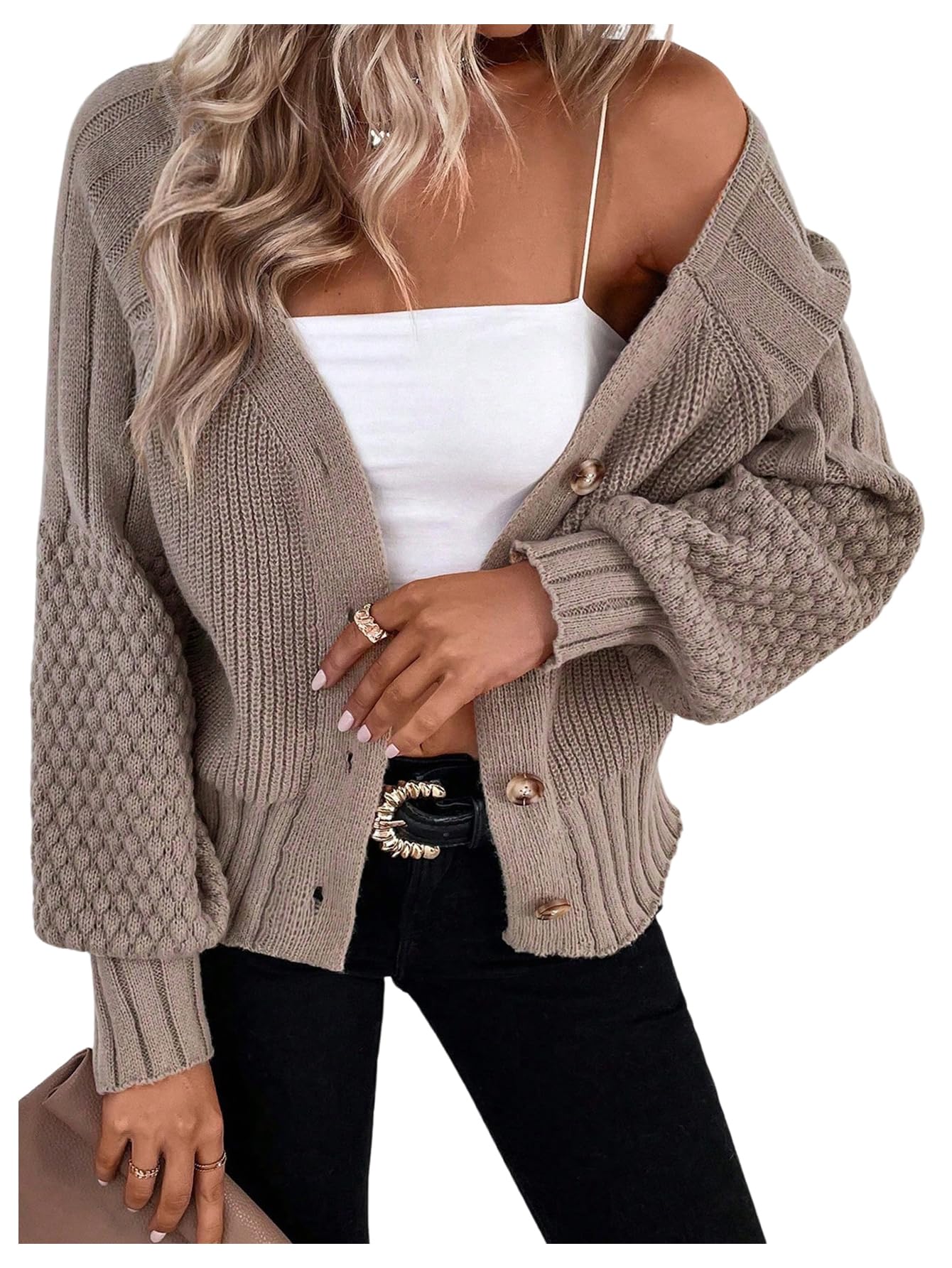 GORGLITTER Womens Button Up Chunky Cardigan V Neck Knitted Lantern Sleeve Cozy Fall Sweaters Airport Travel Outfits