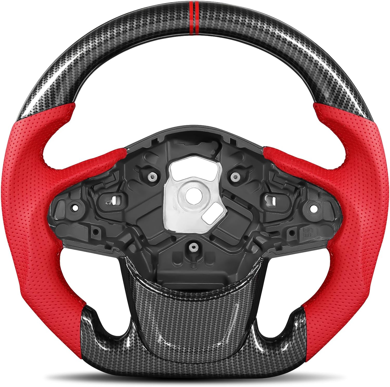 Hydro-Dip Carbon-Fiber Steering Wheel for Toyota Supra 2019–2024, D-Shaped Flat-Bottom, Red Leather Grip and Stitching, Dual Red Center Stripes, Hand-Stitched, for GR