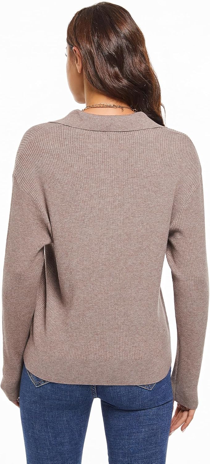 MessBebe Women's Long Sleeve Knitted Pullover Sweaters Collared V-Neck Polo Shirts Tops - Image 4