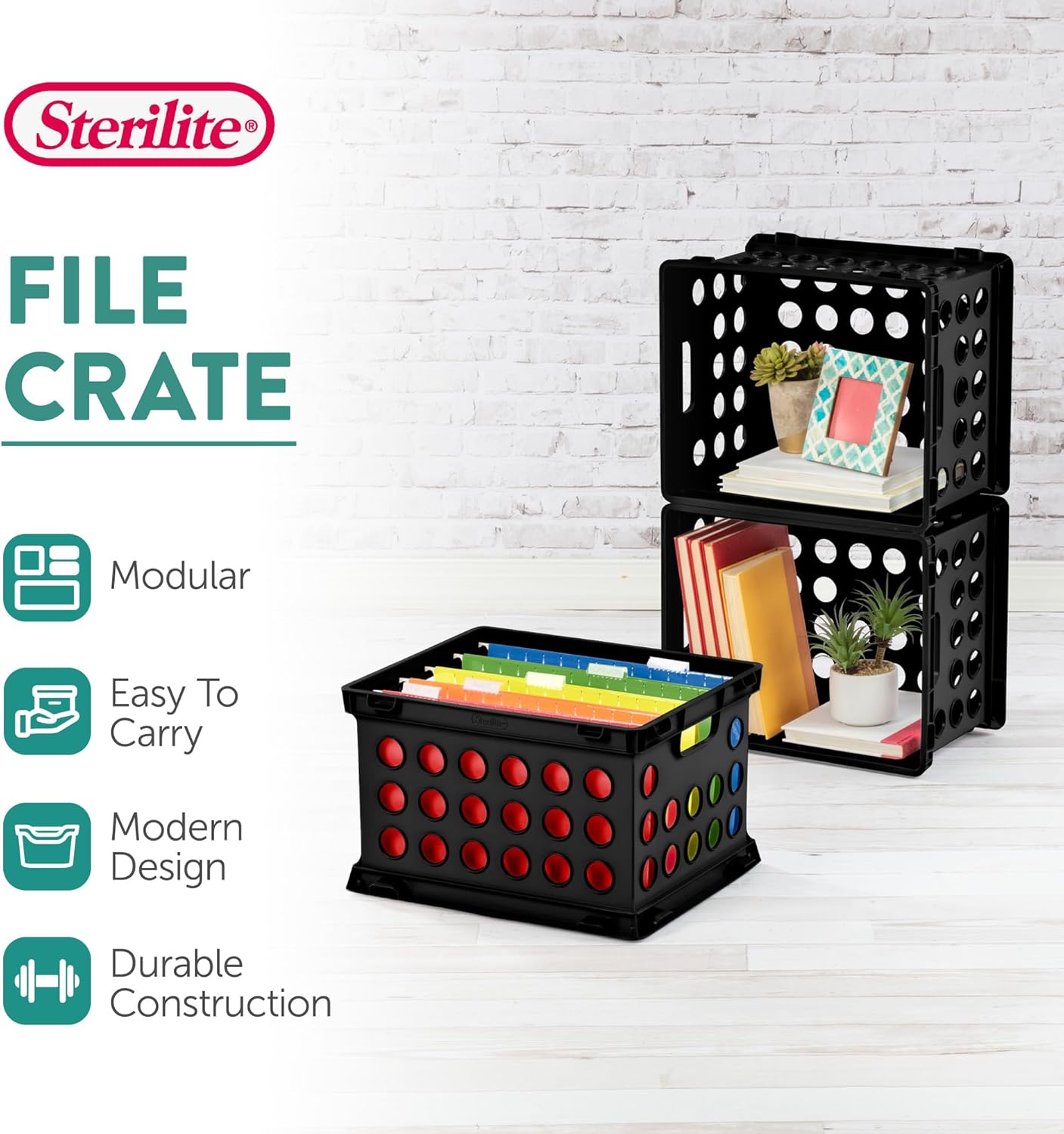 Two black Sterilite File Crates filled with colorful hanging files.