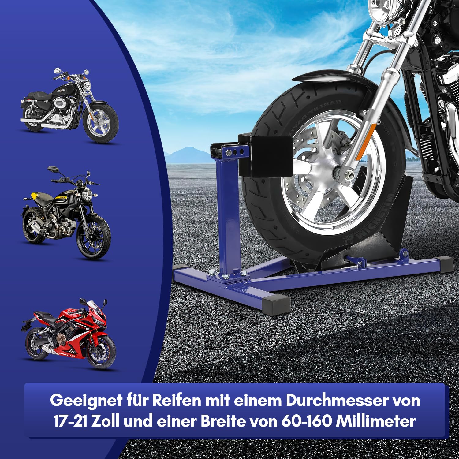 Gimisgu Stojak montażowy do motocykla, przedni wspornik do motocykla, odpowiedni do opon 17-21 cali, stojak transportowy, kołysk, niebieski