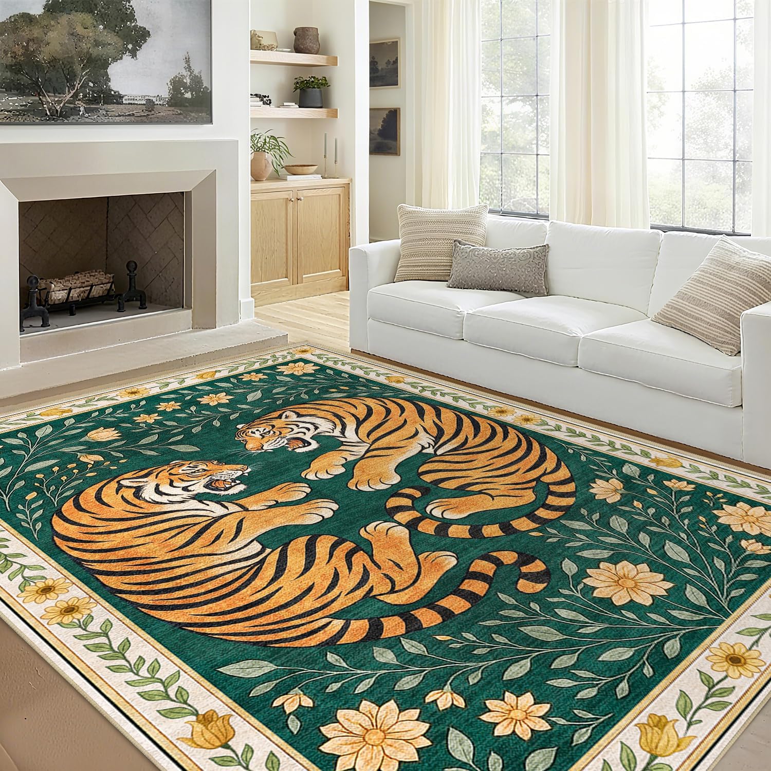 Area Rug 5x7 Tiger Rug for Living Room Vintage Tiger Green Botanical Rugs Machine Washable Retro Mid Century Modern Rugs Non-Slip Printed Low-Pile Indoor Floor Carpet for Dining Room Bedroom Office
