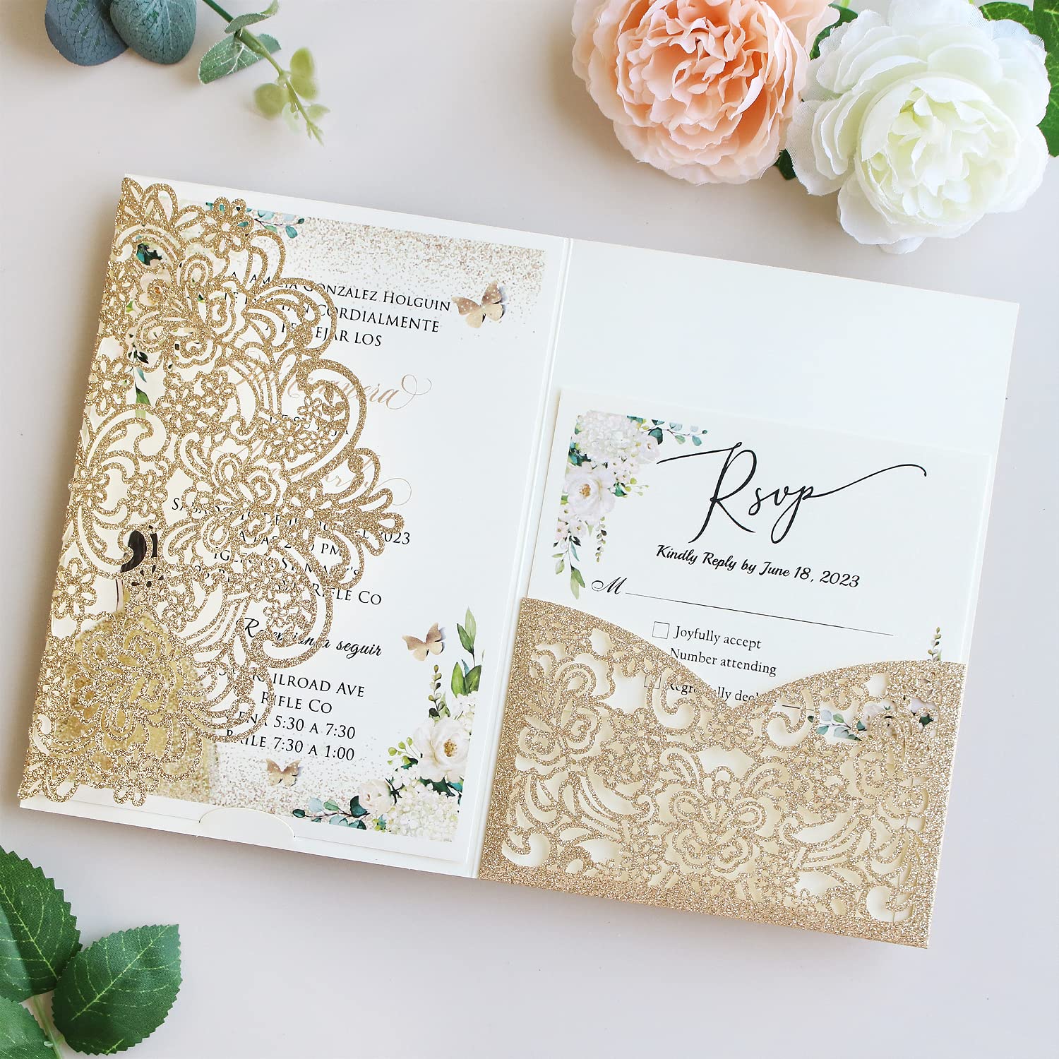 Hosmsua 20x Gold Dreifaltige Lasergeschnittene Einladungskarten Set mit Antwortkarte & Umschlägen, Gold Glitzer Floral Design Einladungen für Hochzeit Geburtstag Hochzeitsjubiläum & Feierlichkeiten