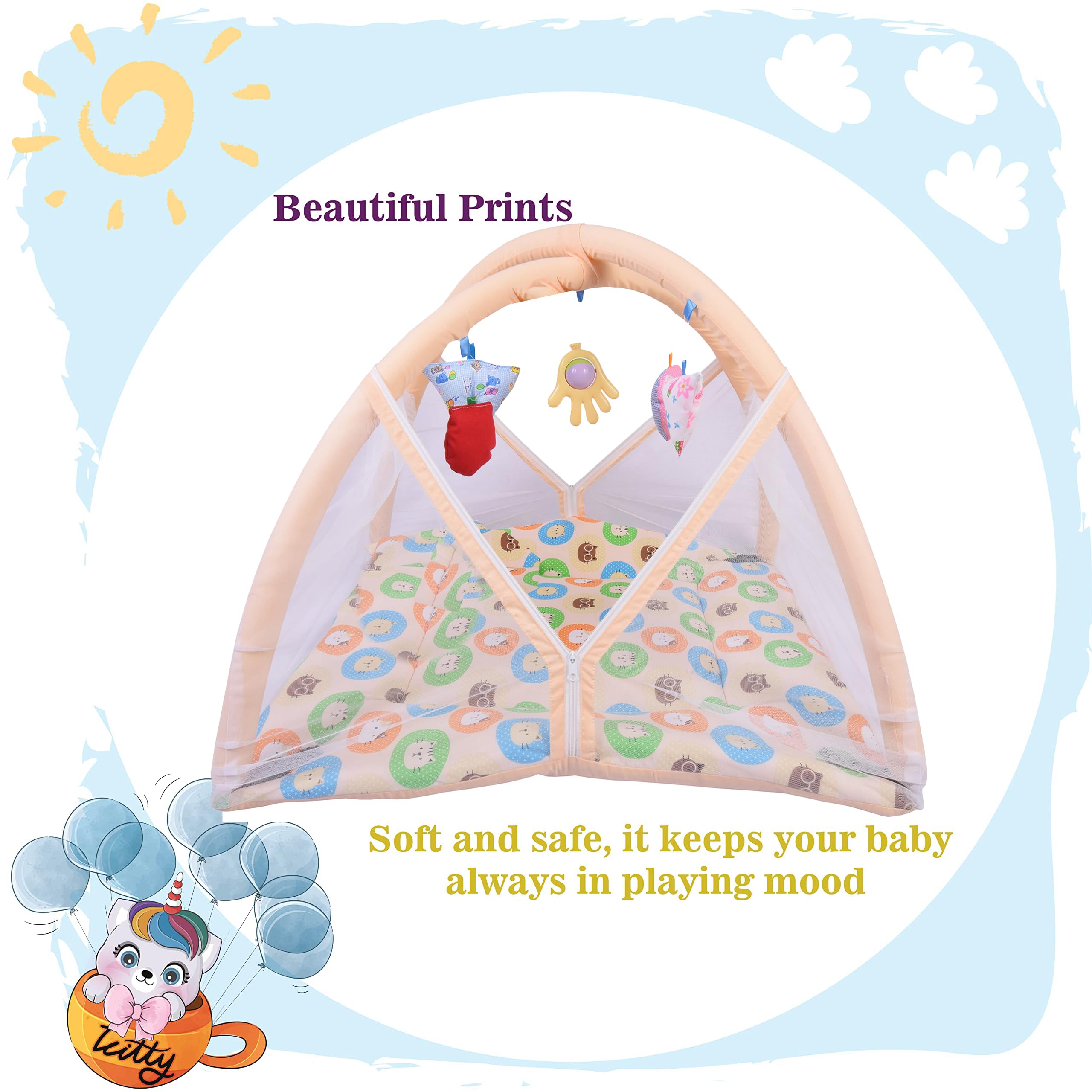 Toddylon Baby Play Gym New Born Baby Bedding|Mat with Hanging Toys|Mattress with Mosquito Net|Cotton Playing Mat|Playmats & Floor Gyms (0-6 Months) Orange,1 Count