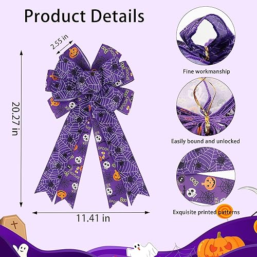 Miniatura 7 de Lucleag 2 lazos grandes de corona de Halloween, 19.7 x 11.4 pulgadas, decoración de esqueleto de araña y calabaza para interiores y exteriores,
