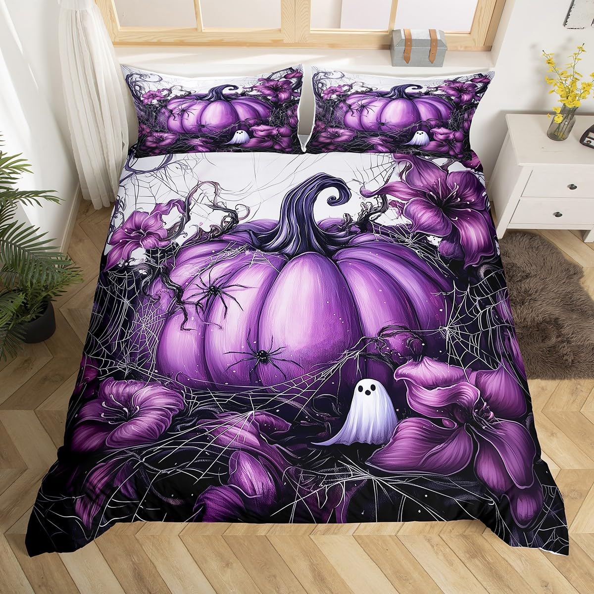 Kids Purple Pumpkin Comforter Single Halloween Spooky Ghost Bedding Set Gothic Spider Web Comforter Set for Boys Girls Adults,Halloween Horror Quilt Duvet 2 Pcs
