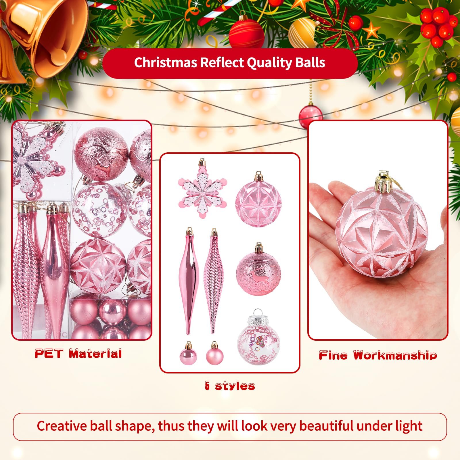16 Boules De Noël à Suspendre - Diamètre 6 Cm - Multi-couleurs (rose Inclus) - PET Léger - Décor Sapin & Fenêtres - 2