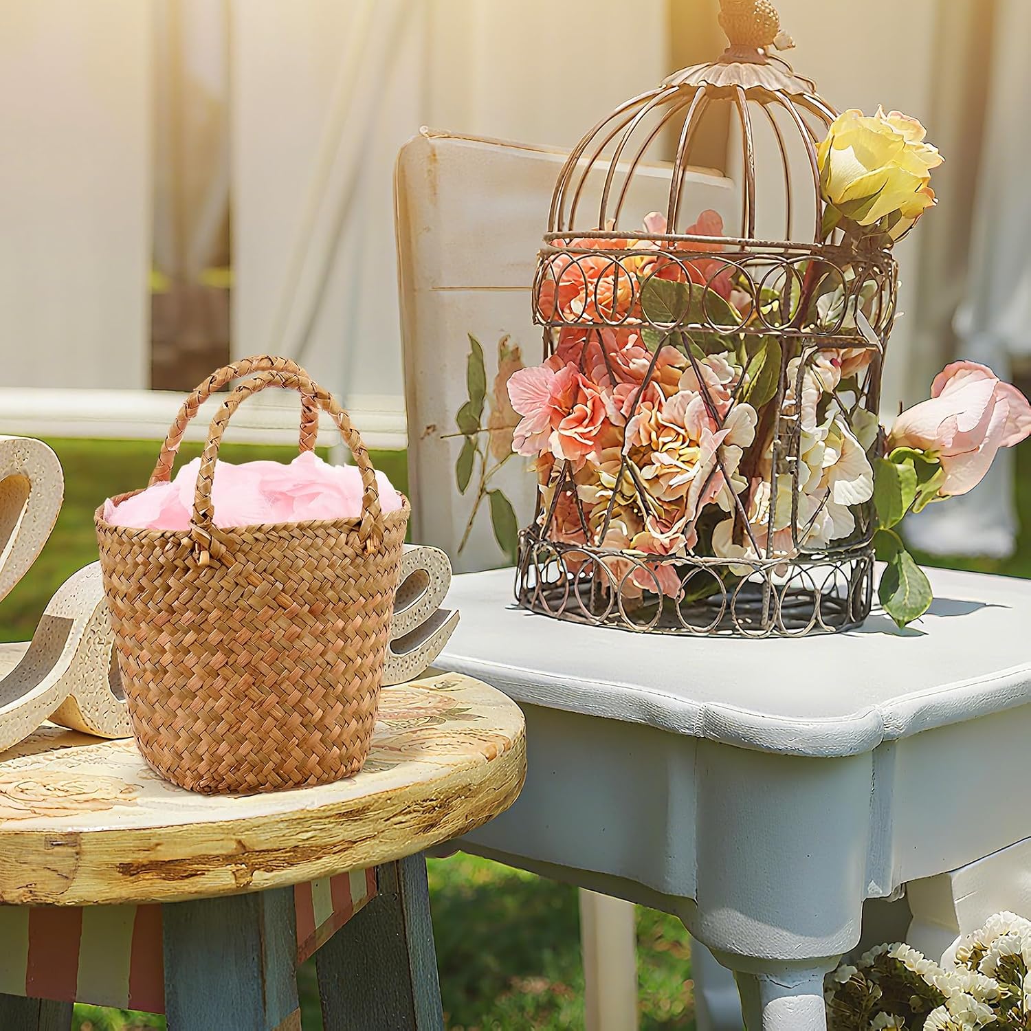 LemonRoad 2 Pcs Flower Girl Basket for Wedding Small Rustic Seagrass Basket with Handle Boho Wedding Flower Storage Farmhouse Decor for Petals Confetti Sweets Gifts 5.12 x 5.51''d (Rustic Color)