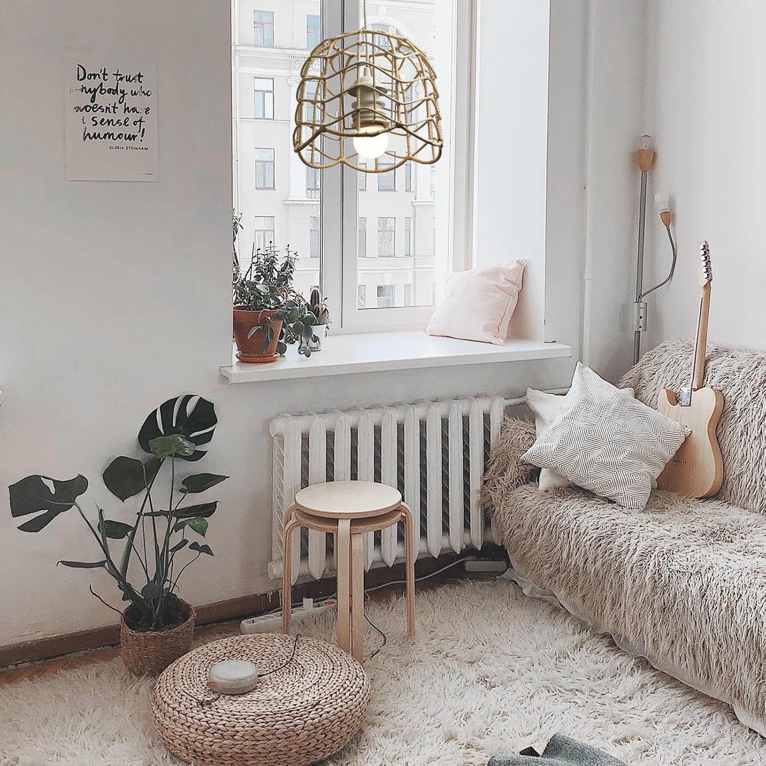 Luxshiny Nordic Style Rattan Pendant Lamp Shade, Rope Woven Light Cover, Rustic Ceiling Lamp Shade for Living Room Bedroom Dining Room