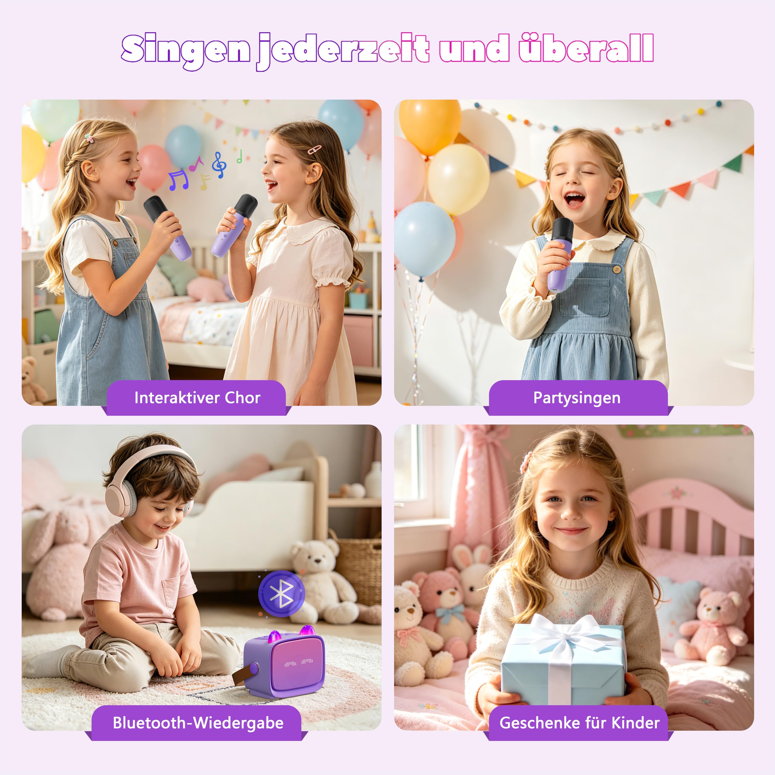 Karaoke Maschine für Kinder mit 2 Kabellosen Mikrofonen, Bluetooth Lautsprecher mit LED Licht, Emoji Display, Stimmeffekten, Handyhalter, Geschenk für Mädchen Jungen, Lila