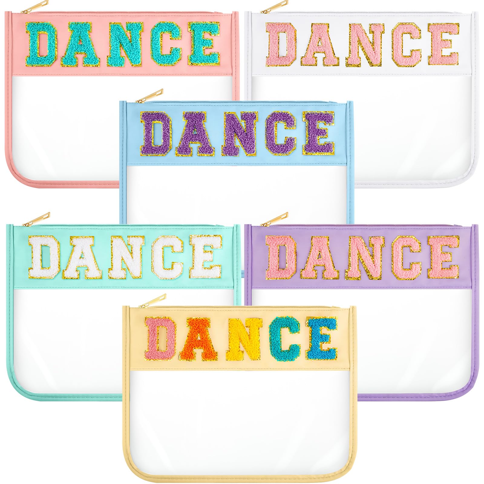 Aliceset 6 Pcs Dance Chenille Letter Preppy Patch Makeup Snack Bags,Gift for Women Waterproof PVC Cosmetic Organizer Storage,Flat Clear Portable Toiletry Zipper Pouch(Candy Color)