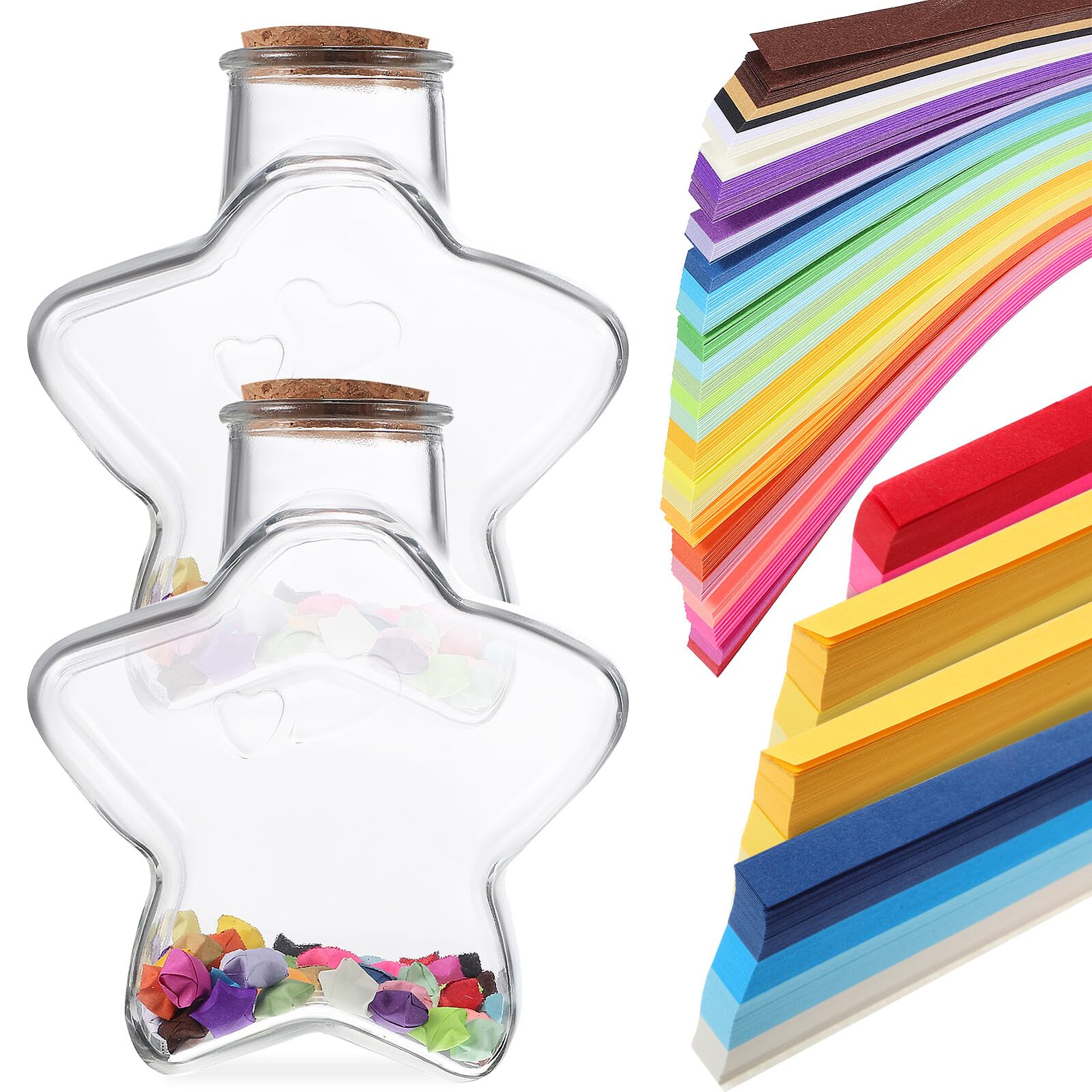 Origami Papierstern Satz mit Kleinen Glasflaschen und Korken Buntes Faltpapier für Wunschflaschen Dekoration Selbstgemacht Bastelset für Wohnraum und Zufällige Zufällige Farbe