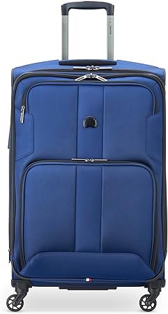 review DELSEY Paris Sky Max Softside Expandable Luggage with Spinner Wheels, Steel Blue, Checked-Medium 25 Inch