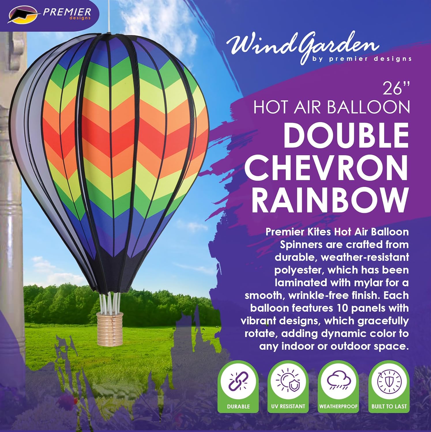 Hot Air Balloon Hanging Garden Spinner 26" - Vibrant Double Rainbow Chevron Design, Weather-Resistant Outdoor Decor, Durable & Lightweight for Patios, Yards, and Gardens - Eye-Catching Wind Spinner