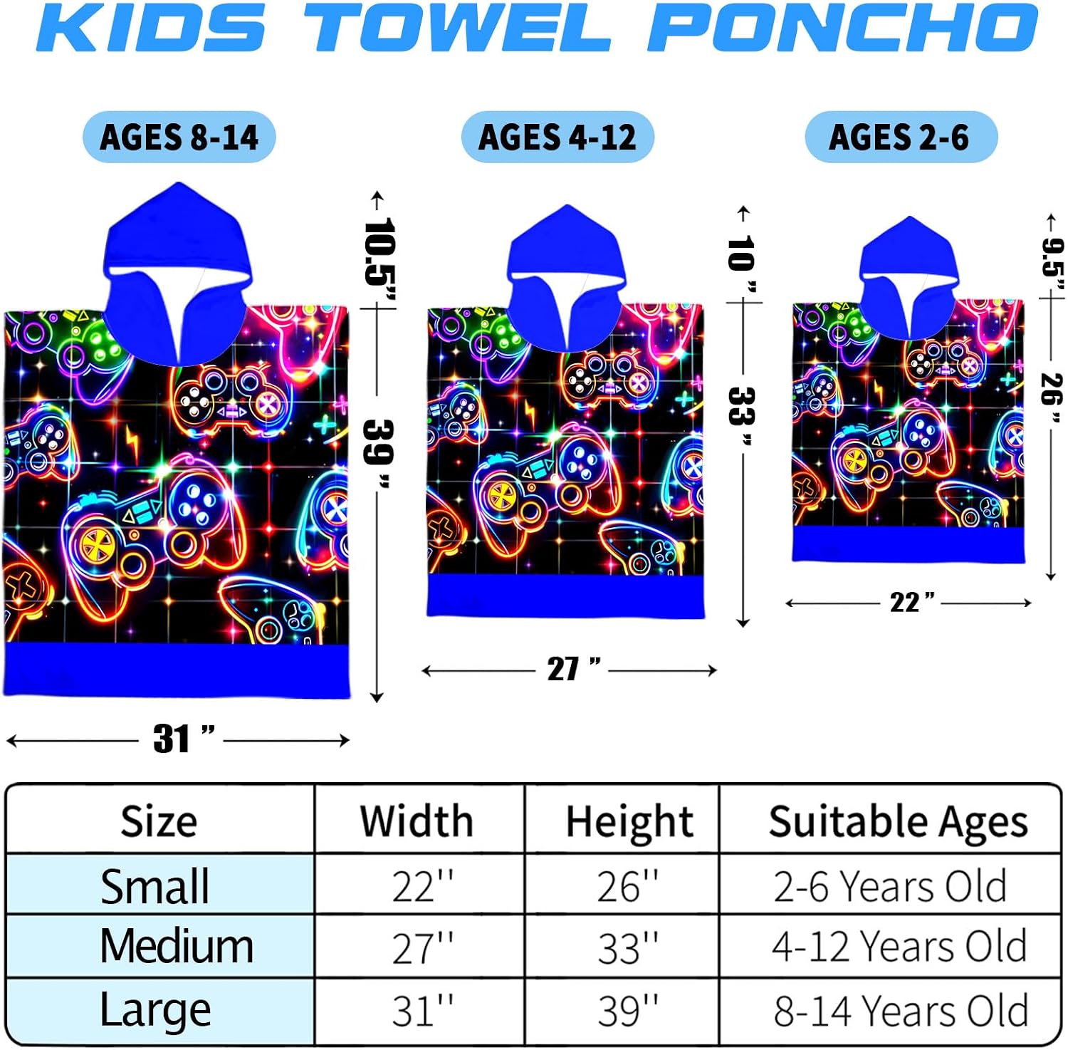 Gamer Hoodies for Boys Kids Beach Towel Wrap for 4-12 Years, Soft Absorbent Lightweight Bath Poncho with Black Neon Gamer Print, Quick Dry Swim Cover Up for Pool, Beach, Travel and Bath, 31x39 Inch