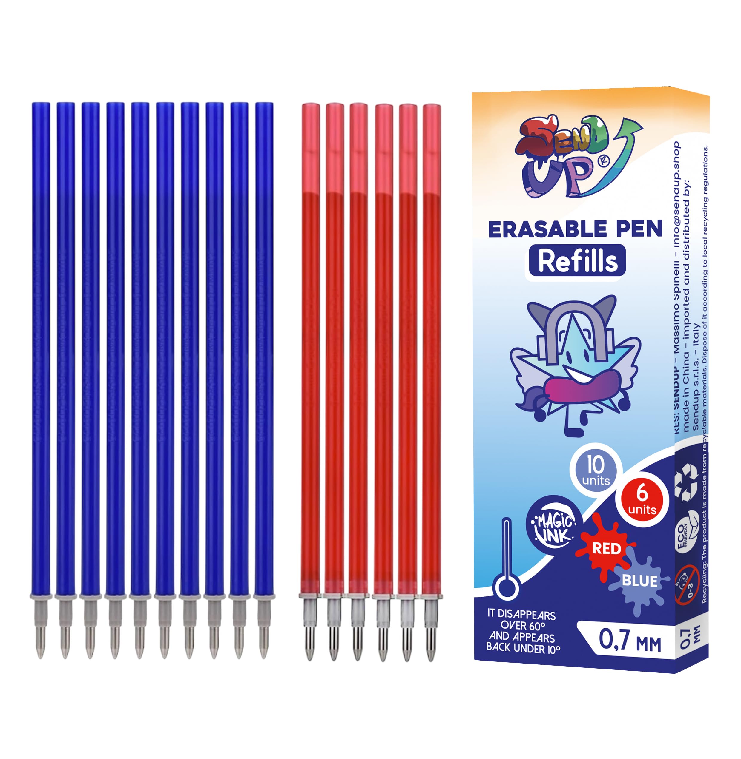 16 Ricariche XXL Penna Gel Cancellabile BLU e ROSSE, Punta 0,7mm, Compatibile 100% Legami, +20% Inchiostro (2cm in più), Scatola Cartone, Scrittura Scuola, Segni Tessuto e Pelle, Regalo