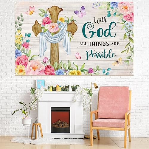 Vista 39 de Moukeren Decoraciones de Pascua, pancarta de fotografía de primavera y Pascua, telón de fondo de cruz de Jesús resucitado, fondo de flores de conejo