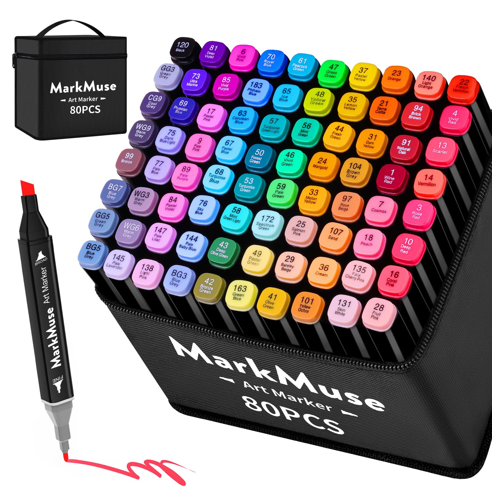 MarkMuse Rotulador de 80 Colores, Rotulador Doble Punta 2S Secado Rápido, Rotuladores Alcohol Permanent con Bolsa de Almacenamiento y Espaciador para Bocetos, Cómics, Colorear, Ilustrar, Esbozar