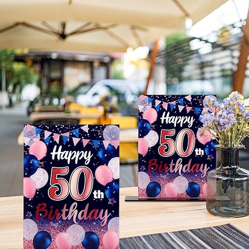 Miniatura 5 de LINGTEER Centros de mesa acrílicos con globos de color azul marino y rosa con texto en inglés "Happy 50th Birthday", 2 unidades de decoración de