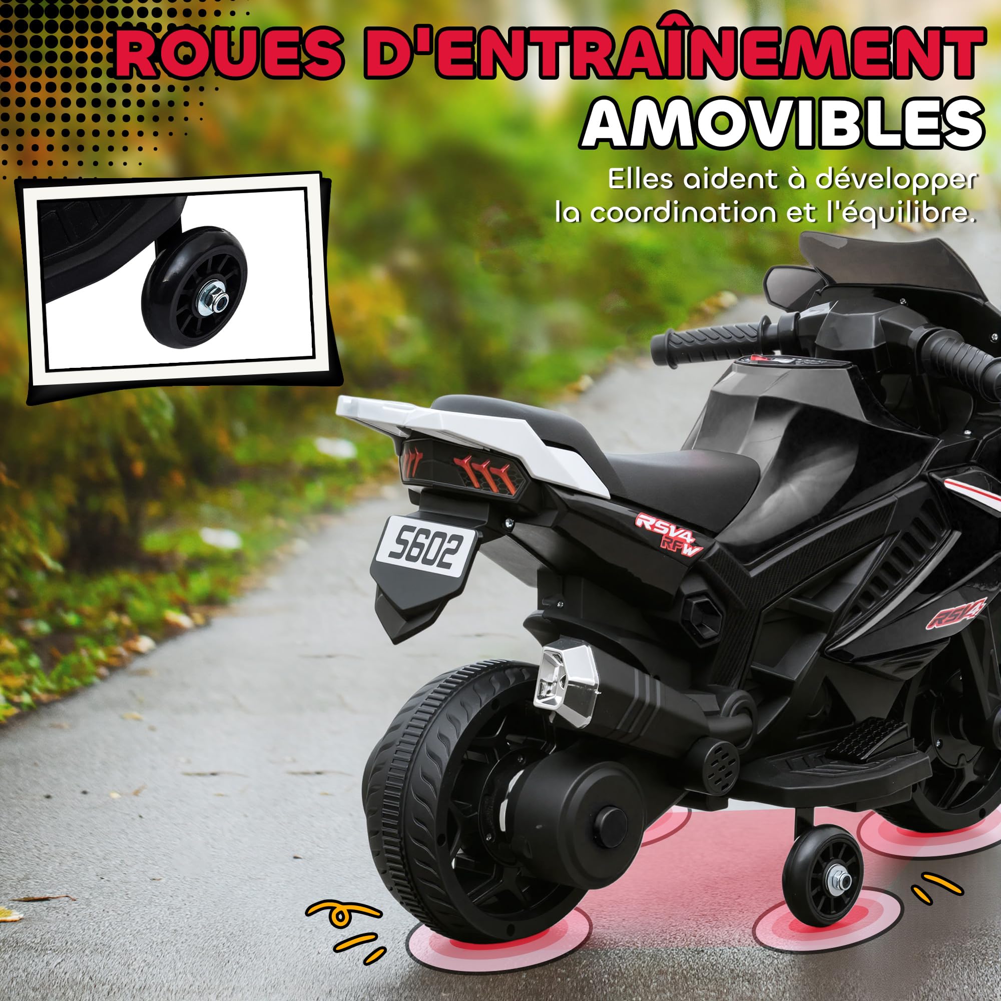 AIYAPLAY Moto électrique Enfants, Moto à Batterie 6 V avec Effets Lumineux et sonores, Roues d'entraînement, Vitesse 2,5 km/h, pour 18 à 36 Mois, Charge Max. 25 kg, Noir