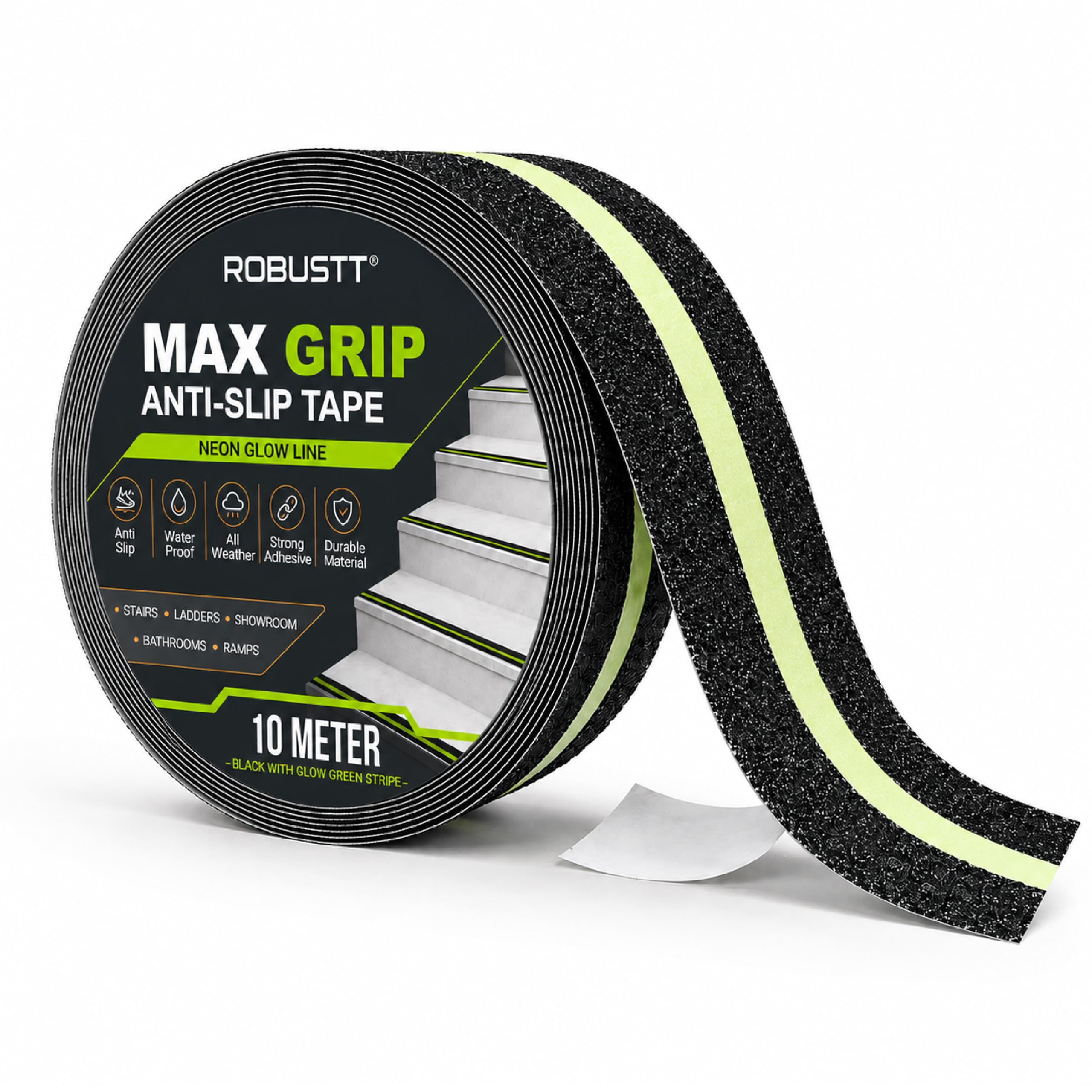 Robustt Anti Skid/AntiSlip 5mtr (Guaranteed) X 50mm (Pack of 1) Neon Fall Resistant with PET Material and Solvent Acrylic Adhesive Tape for Slippery Floors, Staircase, Ramps, Indoor, Outdoor Use-image-7