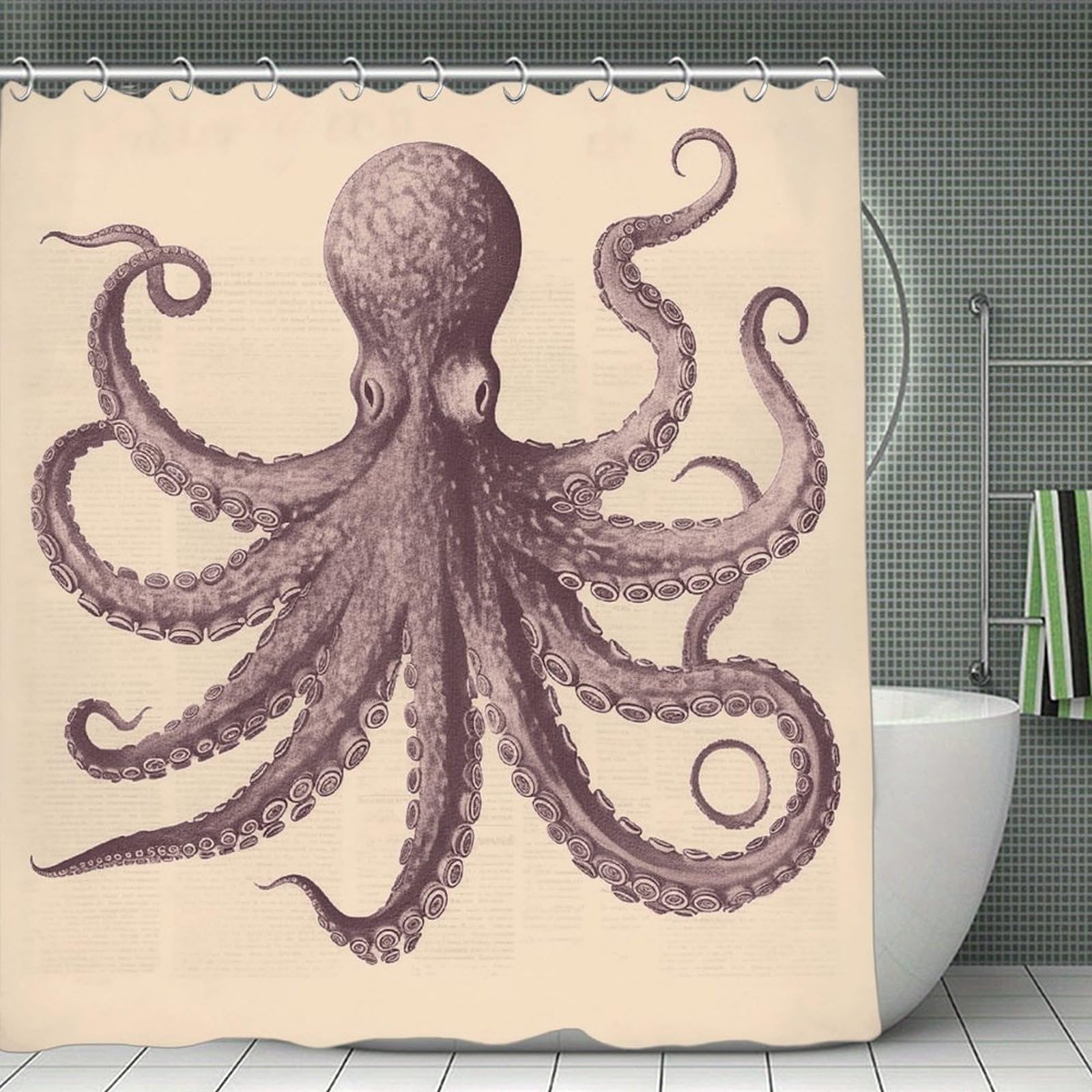 VstaDank Vintage Octopus Shower Curtain Waterproof Bathroom Shower Curtain with C Type Hooks Soft Lightweight Shower Curtains Liner Washable Polyester Cloth Shower Liner 71x71 Inch