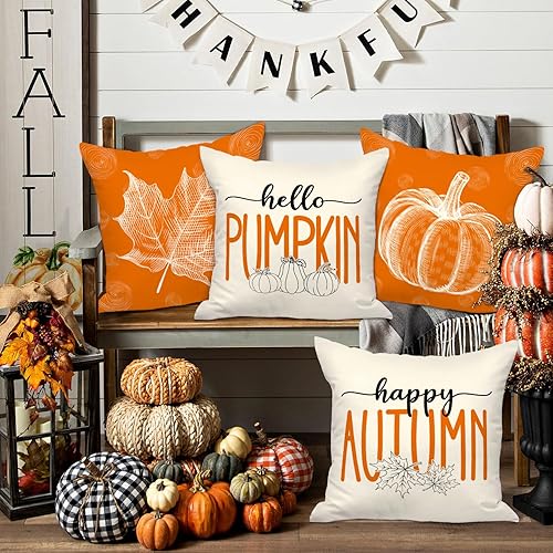 Miniatura 3 de Ywlake Juego de 4 fundas de almohada de otoño de 16 x 16 pulgadas, color naranja y hojas de arce, calabaza, decorativas, para vacaciones, 16 x 16