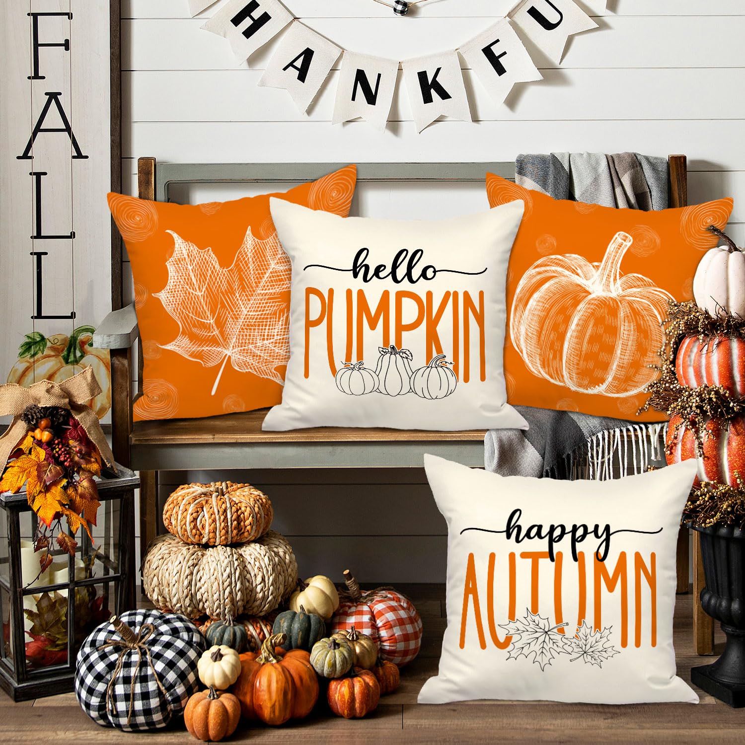 Funda De Almohada Decorativa De Otoño - Calabaza Y Hojas De Arce, 18x18 Pulgadas, Polilino, Incluye 2 Fundas