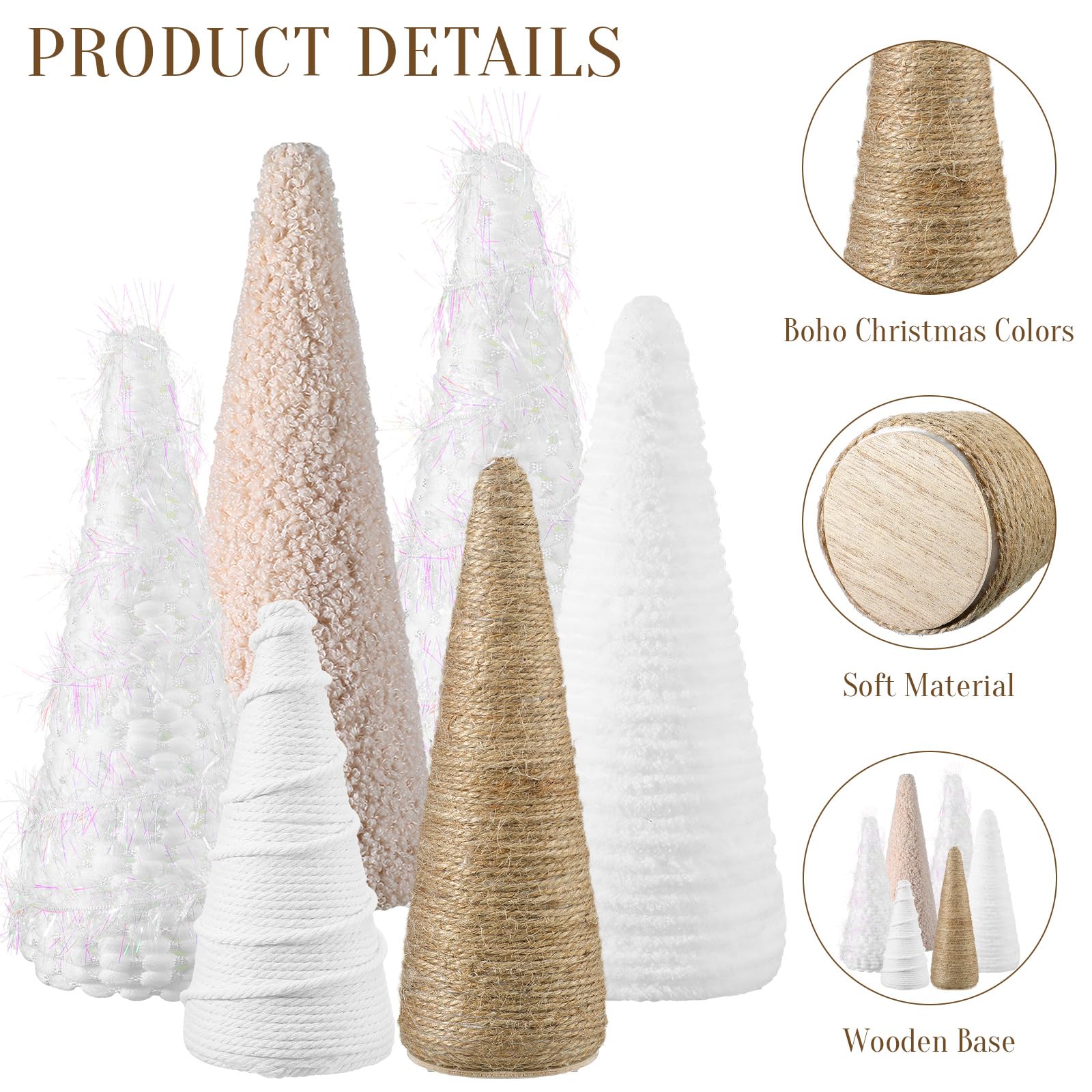 6 árboles de hilo de Navidad de 8 pulgadas, 7 pulgadas, 5 pulgadas, decoración de mesa de Navidad, árbol decorativo de Navidad bohemio para centro de mesa o decoración de repisa