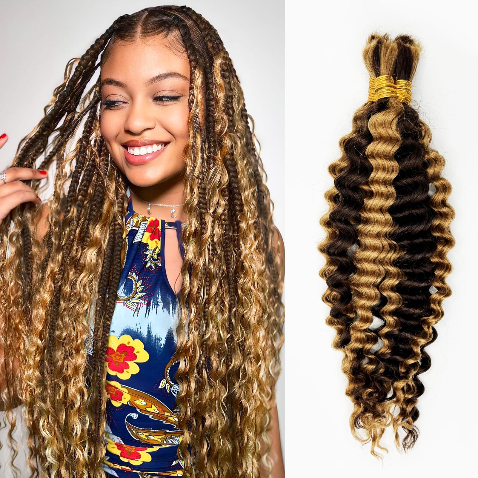 Human Braiding Hair Deep Wave Bulk Human Hair for Braiding No Weft (1 Pack-2 Bundles-100g) Human Braiding Hair for Boho Braids (4/27#, 20INCH)