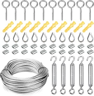 M5 Turnbuckle Wire Tensioner Kit, 100ft Vinyl Coated Stainless Steel Cable, 5pcs Hook and Eye Turnbuckle, 100pcs Ferrule, 10pcs Loops, and 10pcs Hooks (5/64 Inch Wire Rope Kit)