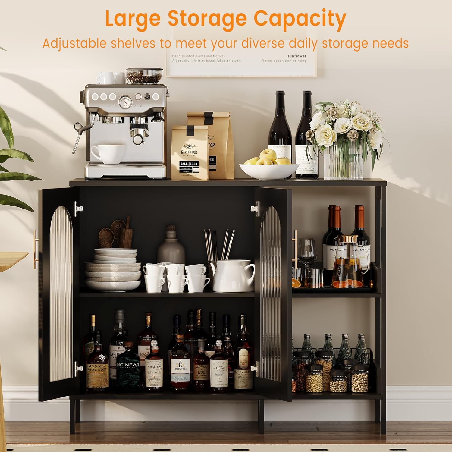 GAOMON Buffet Sideboard Cabinet, Wooden Storage with Glass Doors, Two Metal Handle, Storage Cabinet with Adjustable Shelves, Modern Sideboard for Living Rome, Kitchen, Dining Room, Black